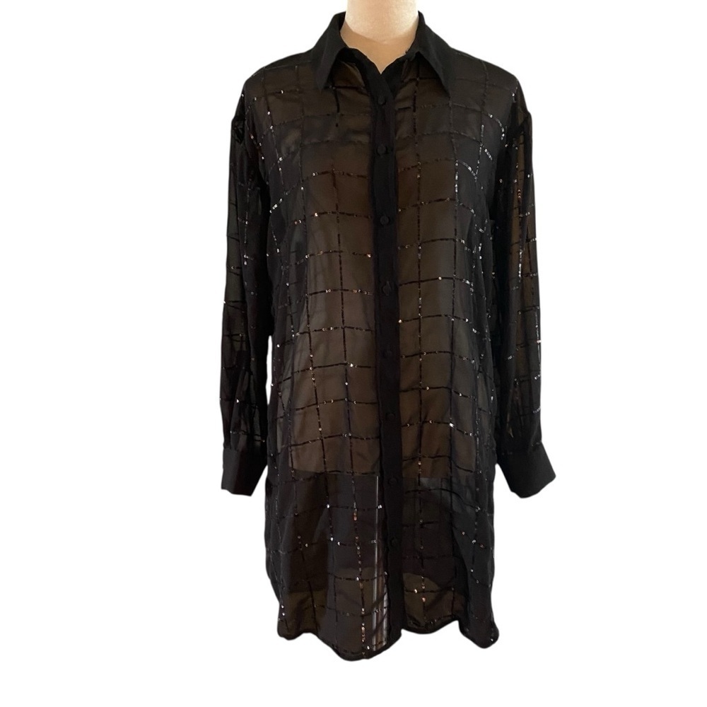 Rdalamal x Anthropologie Black Sheer Sequin Shirt Dress XXS Oversized Festival - Picture 2 of 10